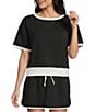 KATYDID Contrast Two-Tone Scuba Short Sleeve Crop Top - Image 1