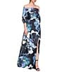 Kay Unger Alison Ots Floral Organza Mikado Off-The-Shoulder 3/4 Bishop Sleeve Pleated Column Gown, Color:Flint/Light Teal - Image 1