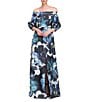 Kay Unger Alison Ots Floral Organza Mikado Off-The-Shoulder 3/4 Bishop Sleeve Pleated Column Gown, Color:Flint/Light Teal - Image 2