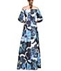 Kay Unger Alison Ots Floral Organza Mikado Off-The-Shoulder 3/4 Bishop Sleeve Pleated Column Gown, Color:Flint/Light Teal - Image 3