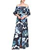 Kay Unger Alison Ots Floral Organza Mikado Off-The-Shoulder 3/4 Bishop Sleeve Pleated Column Gown, Color:Flint/Light Teal - Image 4
