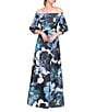 Kay Unger Alison Ots Floral Organza Mikado Off-The-Shoulder 3/4 Bishop Sleeve Pleated Column Gown, Color:Flint/Light Teal - Image 5
