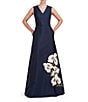 Color:Dark Navy - Image 1 - Beaded Floral Print Mikado V-Neck Sleeveless Pocketed A-Line Gown