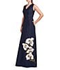 Color:Dark Navy - Image 3 - Beaded Floral Print Mikado V-Neck Sleeveless Pocketed A-Line Gown
