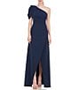 Color:Dark Midnight - Image 1 - Briana Stretch Crepe Asymmetrical Neck Short Drape Puff Sleeve Tulip Side Slit Gown