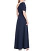 Color:Dark Midnight - Image 2 - Briana Stretch Crepe Asymmetrical Neck Short Drape Puff Sleeve Tulip Side Slit Gown