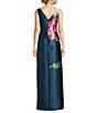 Kay Unger Eden Boat Neck Sleeveless Floral Placement Print Ruffle Peplum Mikado Column Gown, Color:Blue Opal - Image 2