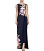 Color:Dark Navy/Rose Violet - Image 1 - Esti Stretch Crepe Floral Placement Boat Neck Sleeveless Straight Leg Walk Through Gown
