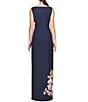 Color:Dark Navy/Rose Violet - Image 2 - Esti Stretch Crepe Floral Placement Boat Neck Sleeveless Straight Leg Walk Through Gown