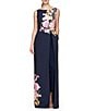 Color:Dark Navy/Rose Violet - Image 3 - Esti Stretch Crepe Floral Placement Boat Neck Sleeveless Straight Leg Walk Through Gown