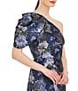 Color:Cornflower - Image 6 - Floral Jacquard One Shoulder Drape Puff Sleeve Gown