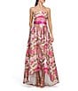 Color:Wild Raspberry - Image 1 - Floral Metallic Organza Jacquard Strapless Sleeveless Belted High Low Gown