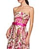 Color:Wild Raspberry - Image 3 - Floral Metallic Organza Jacquard Strapless Sleeveless Belted High Low Gown