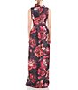 Kay Unger Floral Mikado Surplice V-Neck Sleeveless Walk Thru Jumpsuit ...