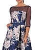 Color:Marine Blue - Image 4 - Floral Print Illusion Boat Neck 3/4 Sleeve Jacquard Ball Gown