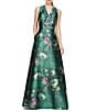 Kay Unger Floral Print Mikado V-Neck Sleeveless Side Pocket Gown, Color:Light Emerald - Image 1