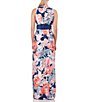 Color:Marine Blue - Image 2 - Floral Print Solid Waistband Sleeveless V-Neckline Gown