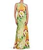 Color:Citrine - Image 1 - Floral Printed Stretch Charmeuse Boat Neck Cowl Back Gown