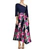 Kay Unger Giovana Asymmetrical Neck 3/4 Sleeve Mixed Media Aline Midi Dress, Color:Midnight Blue Multi - Image 1