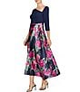 Kay Unger Giovana Asymmetrical Neck 3/4 Sleeve Mixed Media Aline Midi Dress, Color:Midnight Blue Multi - Image 3