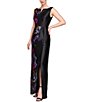 Kay Unger Helene Peony Bouquet Mikado Bateau Neck Sleeveless Asymmetrical Hem Column Gown, Color:Raven Boysenberry - Image 1