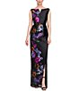 Kay Unger Helene Peony Bouquet Mikado Bateau Neck Sleeveless Asymmetrical Hem Column Gown, Color:Raven Boysenberry - Image 3