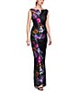 Kay Unger Helene Peony Bouquet Mikado Bateau Neck Sleeveless Asymmetrical Hem Column Gown, Color:Raven Boysenberry - Image 4