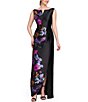 Kay Unger Helene Peony Bouquet Mikado Bateau Neck Sleeveless Asymmetrical Hem Column Gown, Color:Raven Boysenberry - Image 5