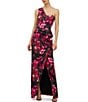Kay Unger Josephine One Shoulder Floral Column Gown with Slit, Color:Black Multi - Image 1