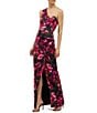 Kay Unger Josephine One Shoulder Floral Column Gown with Slit, Color:Black Multi - Image 3