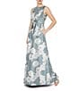 Kay Unger Lilianna Floral Print Front Knot Sleeveless Jacquard A Line Gown, Color:Slate Blue - Image 3