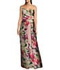 Kay Unger Marilyn Mikado Floral Print Strapless Neck Sleeveless Flared Overskirt Gown, Color:Woodrose Multi - Image 1
