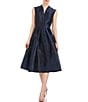 Color:Night Blue - Image 1 - Metallic Floral Jacquard V Neckline Cap Sleeve Pleated Fit and Flare Midi Dress