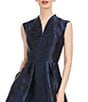 Color:Night Blue - Image 2 - Metallic Floral Jacquard V Neckline Cap Sleeve Pleated Fit and Flare Midi Dress