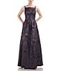 Color:Deep Navy - Image 1 - Metallic Floral Print Sleeveless Square Neck Pleated Gown