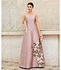 Kay Unger Mikado Placement Floral Print V Neck Sleeveless A-Line Gown, Color:Wood Rose - Image 5