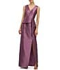 Kay Unger Octavia Metallic Peplum V-Neck Ruffle Column Gown, Color:Muted Purple - Image 1