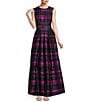 Color:Cerise/Navy - Image 1 - Plaid Print Sleeveless Pleated A-Line Gown