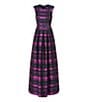 Color:Cerise/Navy - Image 3 - Plaid Print Sleeveless Pleated A-Line Gown