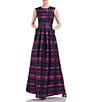 Color:Cerise/Navy - Image 4 - Plaid Print Sleeveless Pleated A-Line Gown