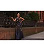 Color:Dark Twilight/Multi - Image 6 - Sleeveless Boat Neck Tie Waist Pleated Flared A-Line Gown