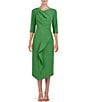 Color:Lush Green - Image 1 - Stretch Crepe Asymmetrical Neckline 3/4 Sleeve Ruffle Front Midi Dress