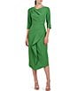 Color:Lush Green - Image 3 - Stretch Crepe Asymmetrical Neckline 3/4 Sleeve Ruffle Front Midi Dress
