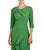 Color:Lush Green - Image 4 - Stretch Crepe Asymmetrical Neckline 3/4 Sleeve Ruffle Front Midi Dress