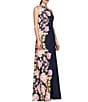 Kay Unger Stretch Crepe Floral Border Print One Shoulder Sleeveless Gown, Color:Dark Navy - Image 3