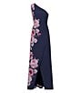 Kay Unger Stretch Crepe Floral Placement Print One Shoulder Neck Sleeveless Sheath Gown, Color:Deep Navy - Image 5