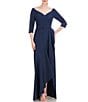Color:Dark Midnight - Image 1 - Stretch Crepe Sweetheart Portrait Neckline 3/4 Sleeve Ruffle Gown