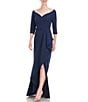 Color:Dark Midnight - Image 3 - Stretch Crepe Sweetheart Portrait Neckline 3/4 Sleeve Ruffle Gown
