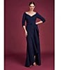 Color:Dark Midnight - Image 6 - Stretch Crepe Sweetheart Portrait Neckline 3/4 Sleeve Ruffle Gown