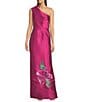 Kay Unger Taffeta Beaded Floral Placement Print One Shoulder Neck Sleeveless Column Gown, Color:Lt. Cerise - Image 1